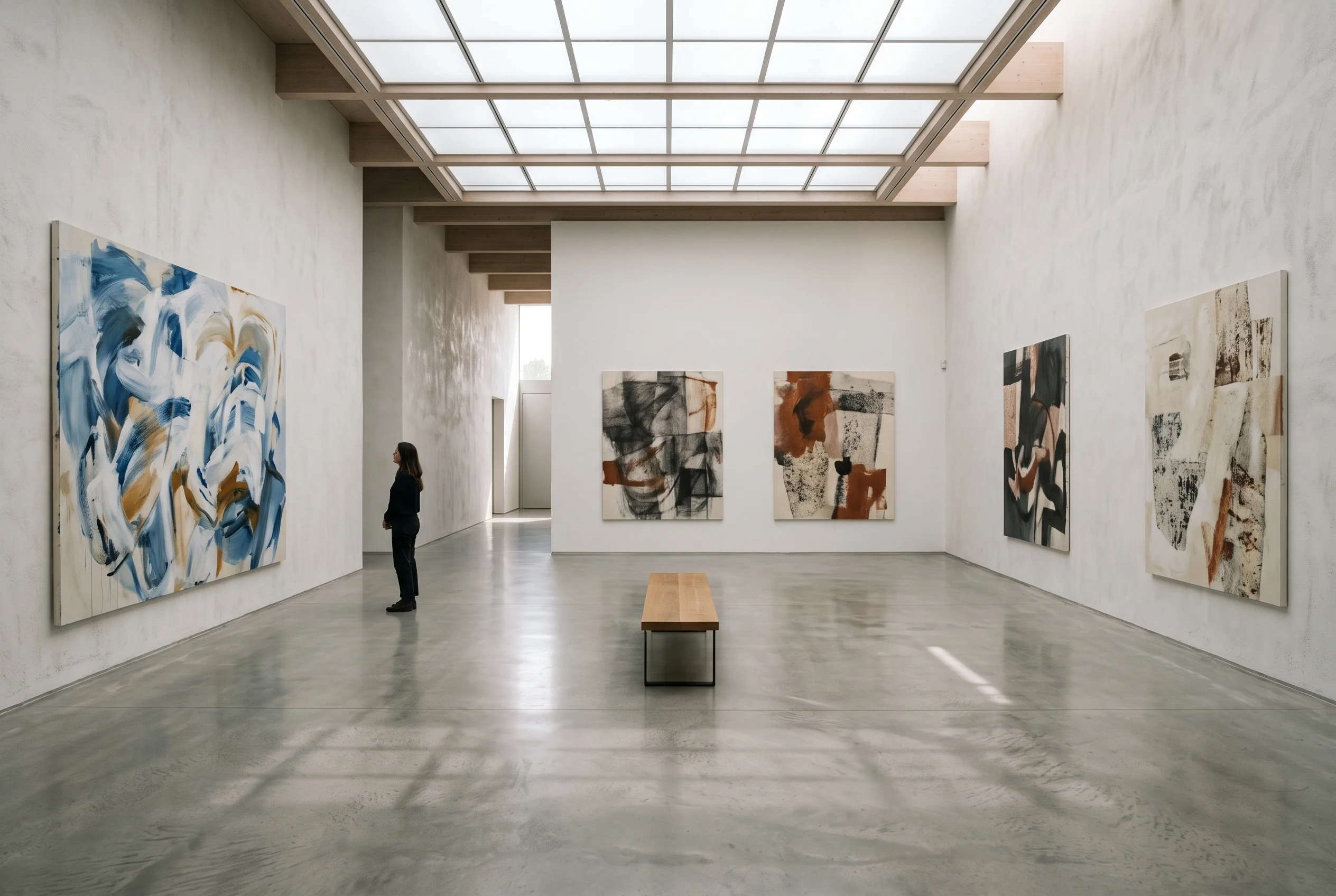 Interior da galeria OCRE: sala ampla de paredes claras com pinturas de grande formato