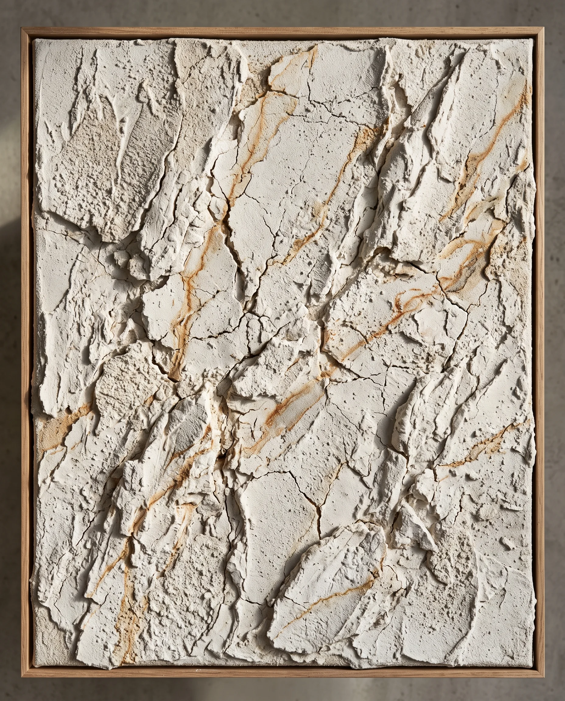 Silêncio Calcário — obra matérica branca com veios ocre, gesso e areia